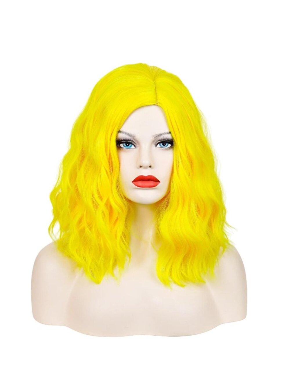 Women's Yellow Wavy Curly Bob Heat Resistant Cosplay Halloween Party Wig